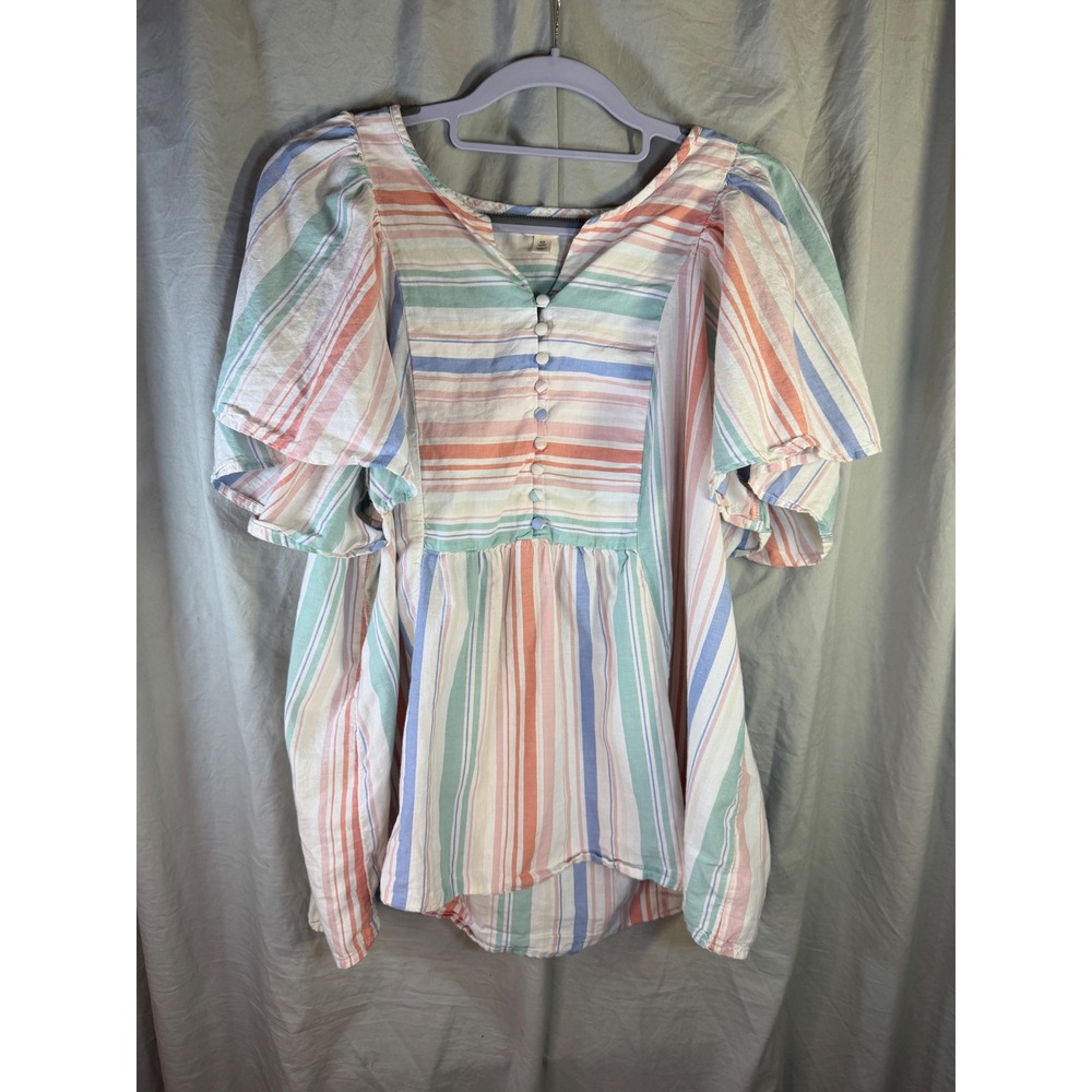 Terra & Sky Womens 0X 14W Striped‎ Babydoll Blouse Pastel Flutter Sleeve Top